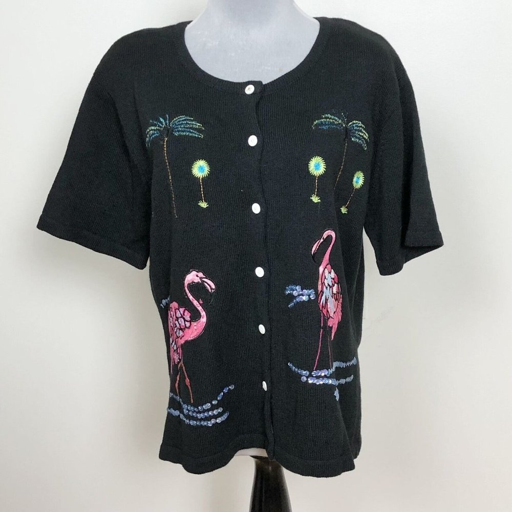 Great‎ Cavalier Flamingo Embroidered Cardigan Black Size M Sequins Applique